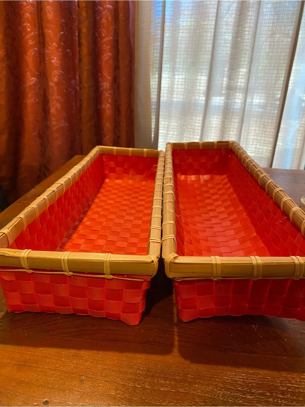 Red Woven Basket/Tray Set - Natural Bamboo Rim
